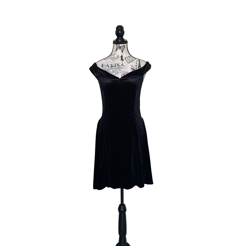SHEIN MOD Velvet Dress Women L Black Off Shoulder A-Line Vintage Style Cocktail